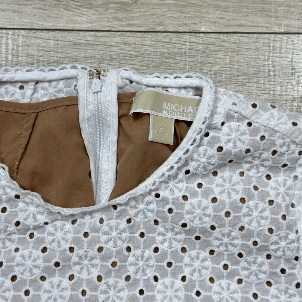 MICHAEL MICHAEL KORS Geo Eyelet Cropped Short Sleeve Top White Size 0‎ XS $155